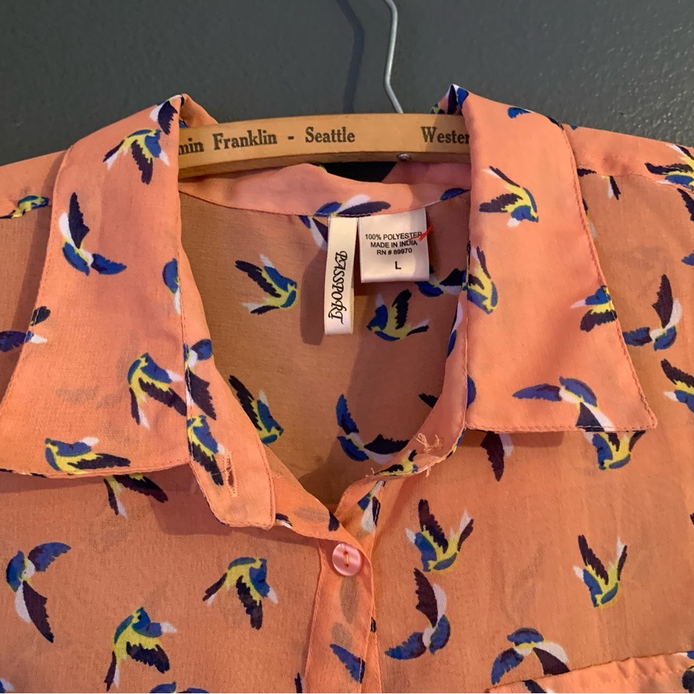 Passport Coral Blouse with Bird Pattern